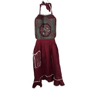 Vintage Cottagecore‎ Apron Red Floral Lace Trim Ruffle Hem Prairie Feminine OS